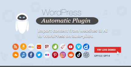 WordPress Automatic Plugin banner listing auto post sources such as RSS, AI, Amazon and YouTube