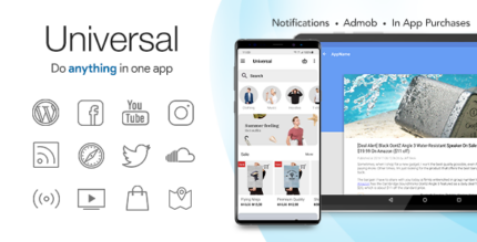 Android app template with Material Design layouts showing content from WordPress, YouTube and more
