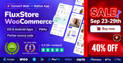 Flutter e-commerce app screens showing home layouts, product lists and checkout