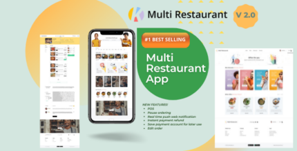 Multi-restaurant food ordering website with admin panel, merchant panel and mobile app previews