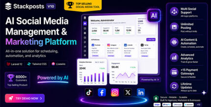 Social media management dashboard with content calendar, scheduling tools and AI writing assistant