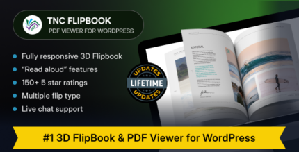 WordPress PDF flipbook viewer showing an open book with page-turn effect and toolbar