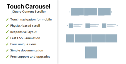 jQuery touch carousel with a row of image thumbnails, arrows and a scrollbar below