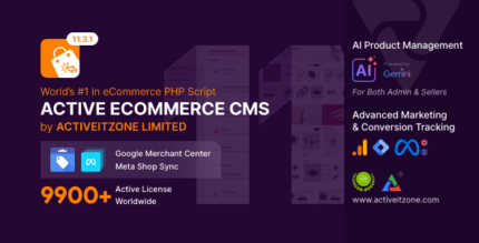 Online store homepage with mega menu, product sections and admin dashboard preview