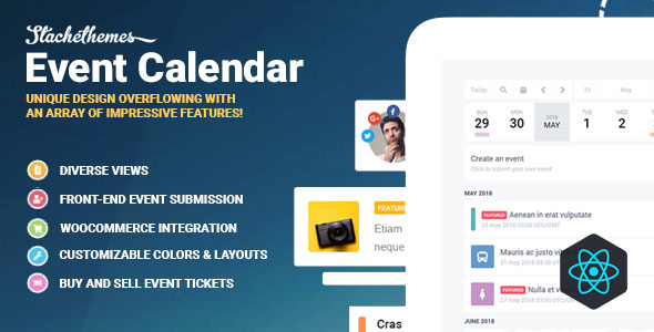 WordPress event calendar plugin preview with month view and event listings