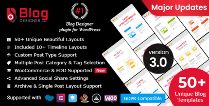 WordPress blog plugin demo showing grid, timeline and slider post layouts