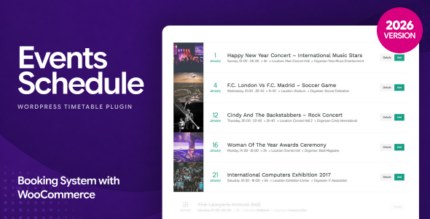 WordPress events calendar plugin showing a weekly class timetable with filters and tabs