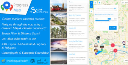 Google Maps with location markers and a synced carousel of listings below the map
