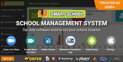 School management system dashboard with student, fees, attendance and exam modules