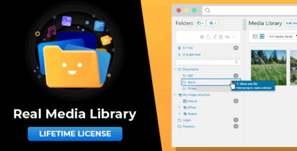 WordPress media library with a folder tree sidebar and files organized by drag and drop