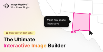 Interactive floor plan image with pins, highlighted polygon shapes and a tooltip popup in a map editor