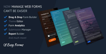 Drag-and-drop form builder dashboard with form fields, theme designer and submission settings