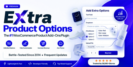 WooCommerce product page with custom option fields, swatches and add-on pricing