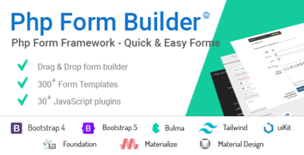 Drag and drop form builder interface with a generated Bootstrap contact form
