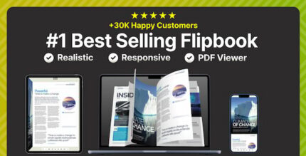 3D flipbook of an open magazine with page curl and viewer toolbar in a WordPress page