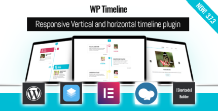 WordPress timeline plugin showing a vertical timeline with dated events, icons and content blocks
