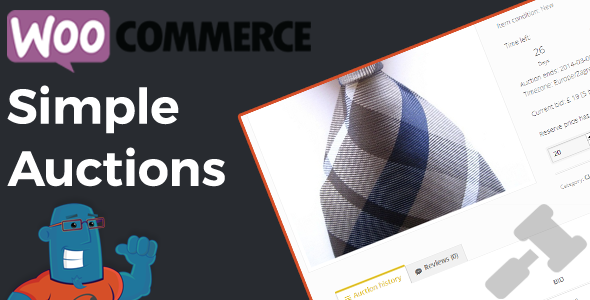 WooCommerce auction product page with countdown timer, bid form and auction history tab