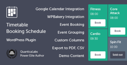 WordPress timetable plugin showing a weekly class schedule with colored event blocks and booking options