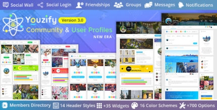 BuddyPress community plugin showing a styled user profile page with social wall and widgets